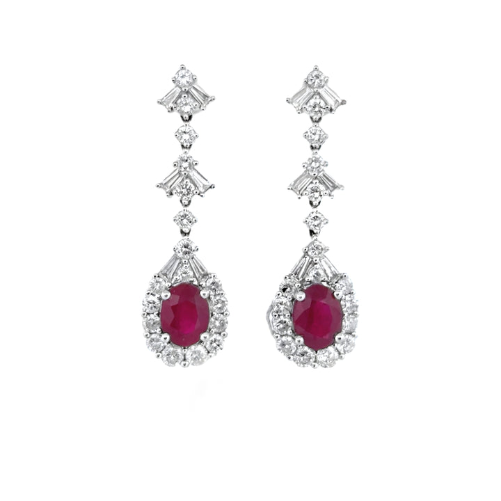 2.25CTW Oval Burma Ruby &amp; Diamond Drop Earrings in 18K White Gold