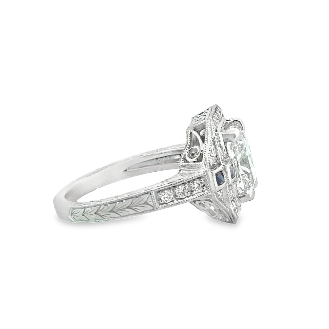 2.67 CT Cushion Cut Diamond & Sapphire Platinum Ring
