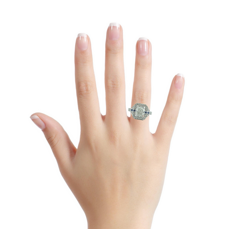 2.67 CT Cushion Cut Diamond & Sapphire Platinum Ring