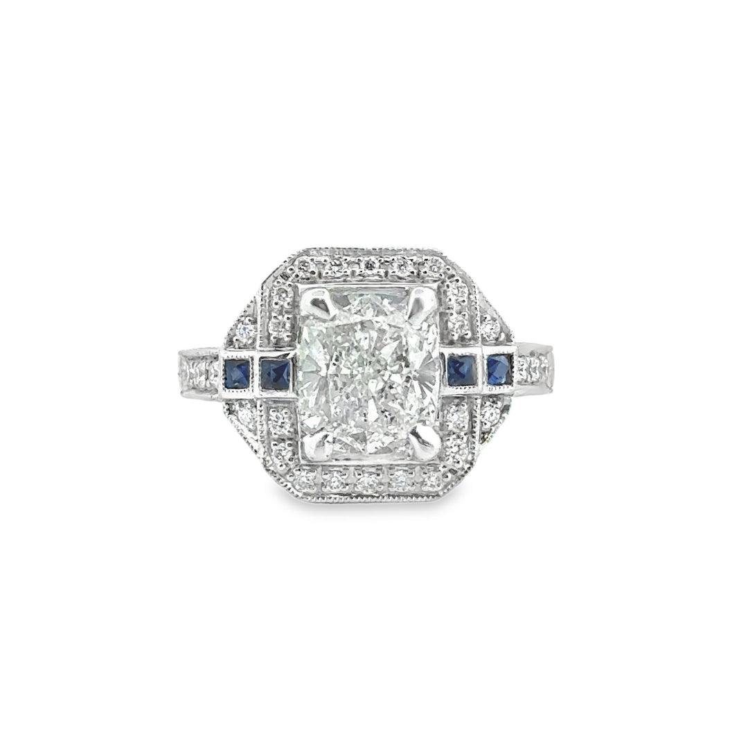 2.67 CT Cushion Cut Diamond & Sapphire Platinum Ring