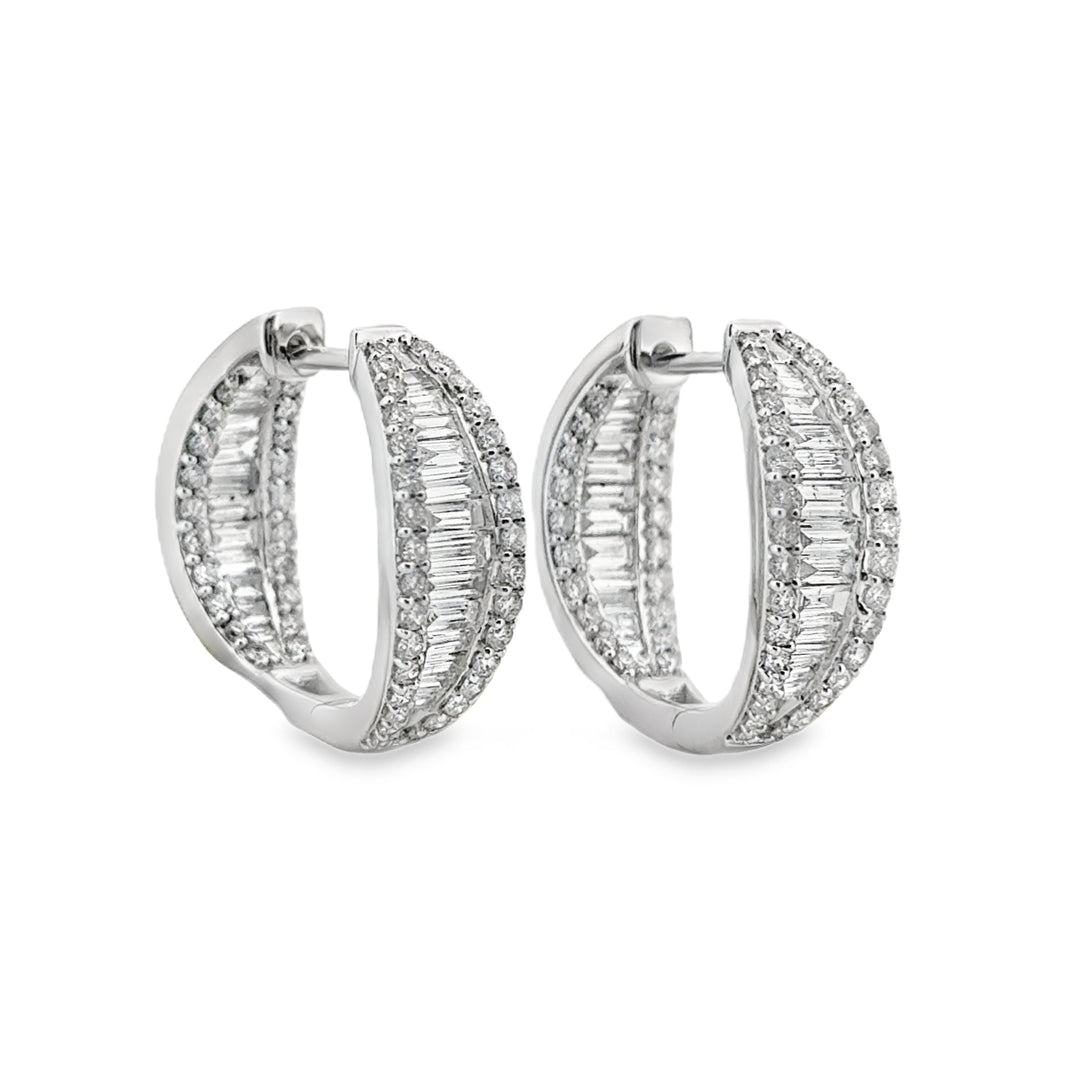 2.00 CTW Round &amp; Baguette Diamond 14K White Gold Hoop Earrings