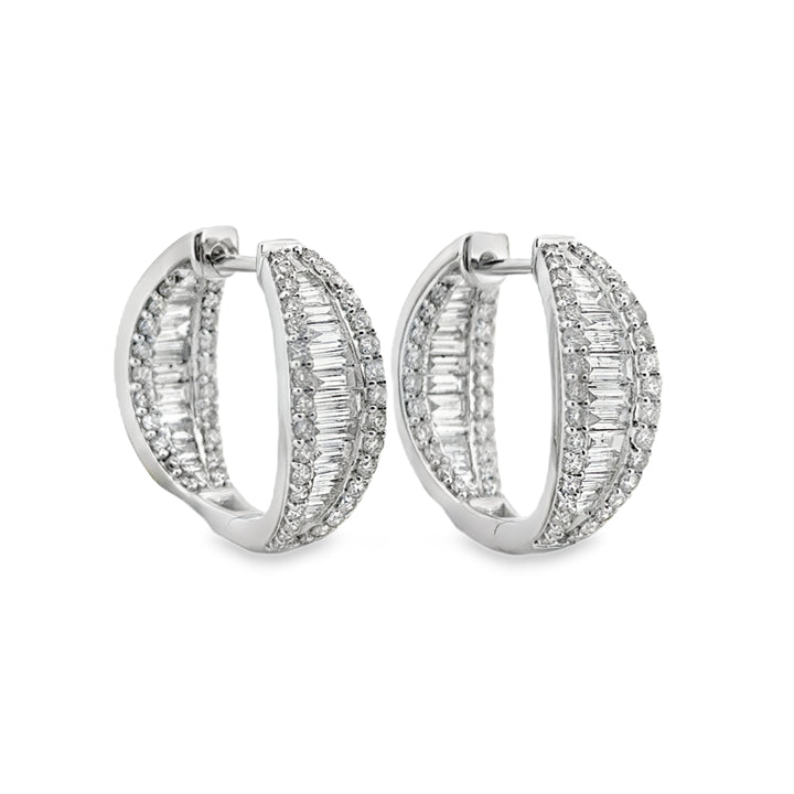 2.00 CTW Round &amp; Baguette Diamond 14K White Gold Hoop Earrings