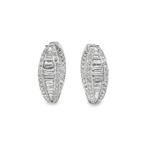 2.00 CTW Round & Baguette Diamond 14K White Gold Hoop Earrings