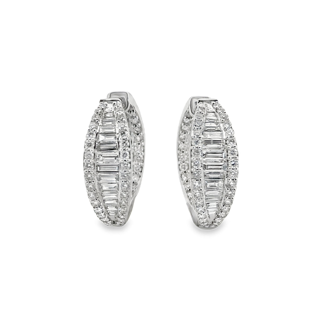 2.00 CTW Round &amp; Baguette Diamond 14K White Gold Hoop Earrings