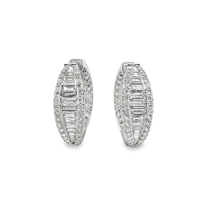 2.00 CTW Round &amp; Baguette Diamond 14K White Gold Hoop Earrings