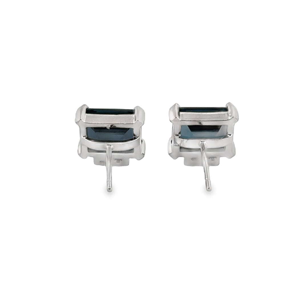 18K White Gold Dark Blue Topaz and 0.06 CTW Diamond Stud Earrings