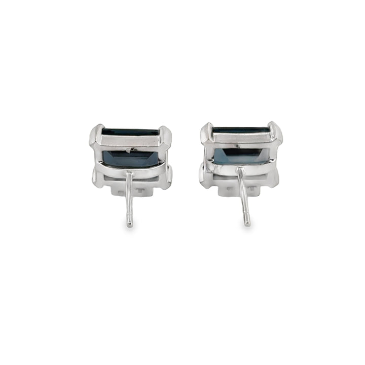 18K White Gold Dark Blue Topaz and 0.06 CTW Diamond Stud Earrings