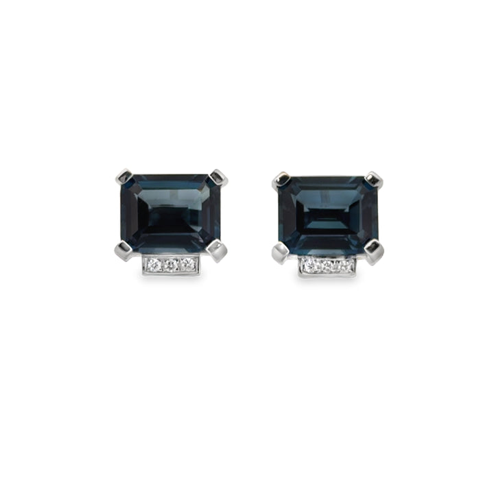 18K White Gold Dark Blue Topaz and 0.06 CTW Diamond Stud Earrings
