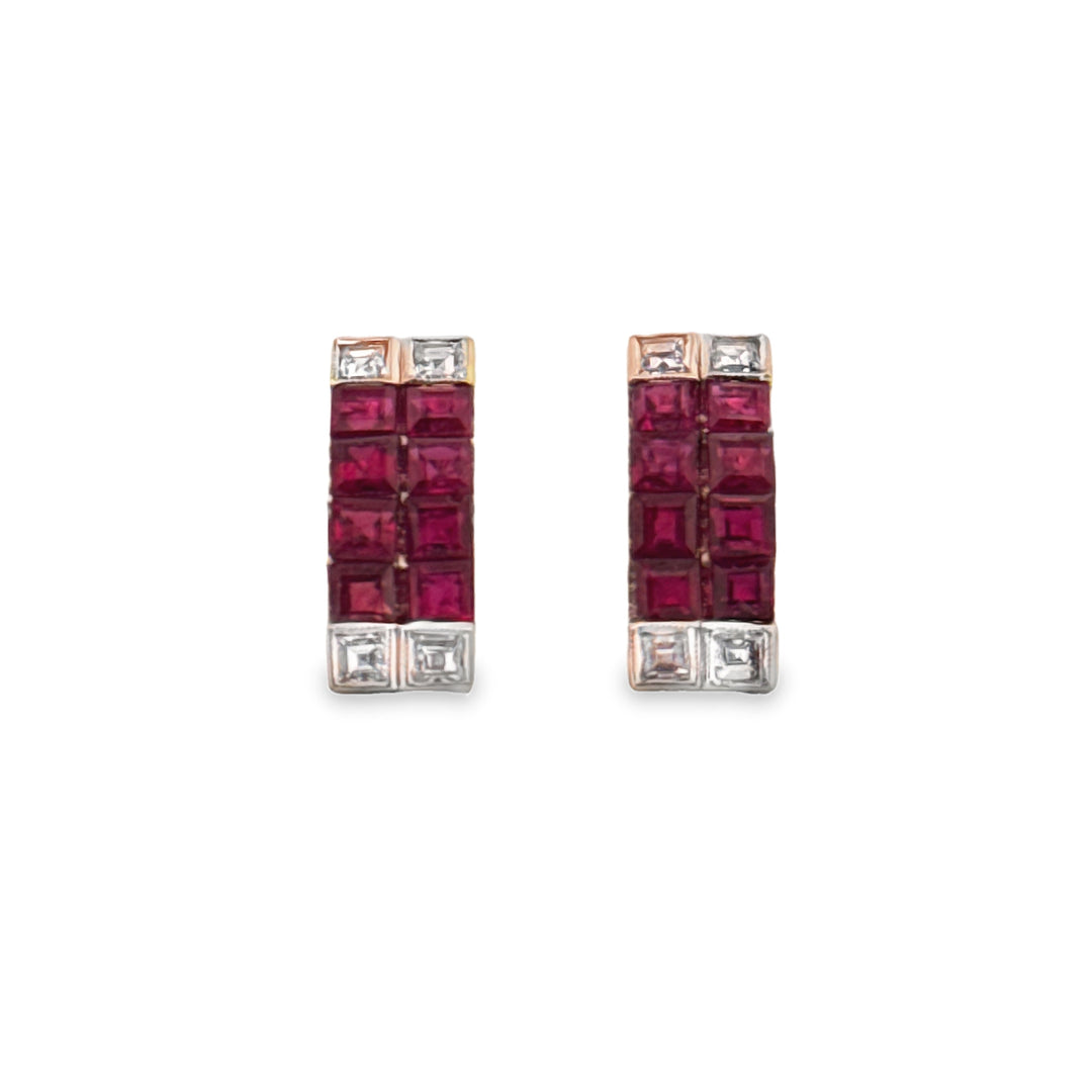 Ruby & Diamond Princess Cut Earrings in 14K Yellow Gold, 14mm