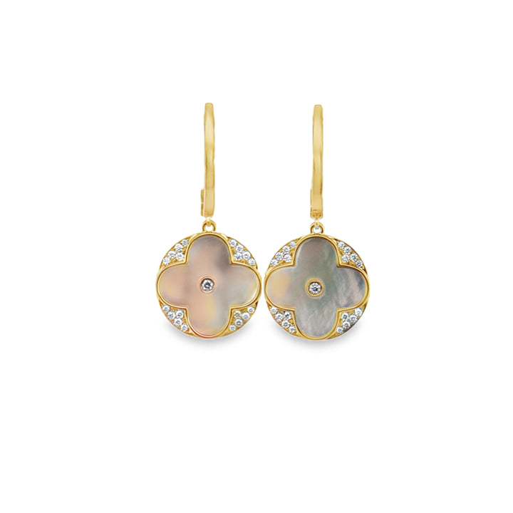 Doves Diamond &amp; Mother of Pearl 18K Yellow Gold Clover Earrings