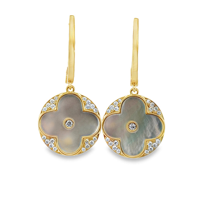Doves Diamond &amp; Mother of Pearl 18K Yellow Gold Clover Earrings
