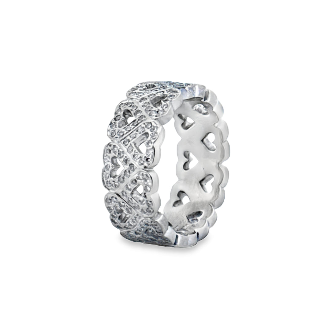 1.20 CTW Diamond Heart Motif Band – 18K White Gold, 8mm Wide