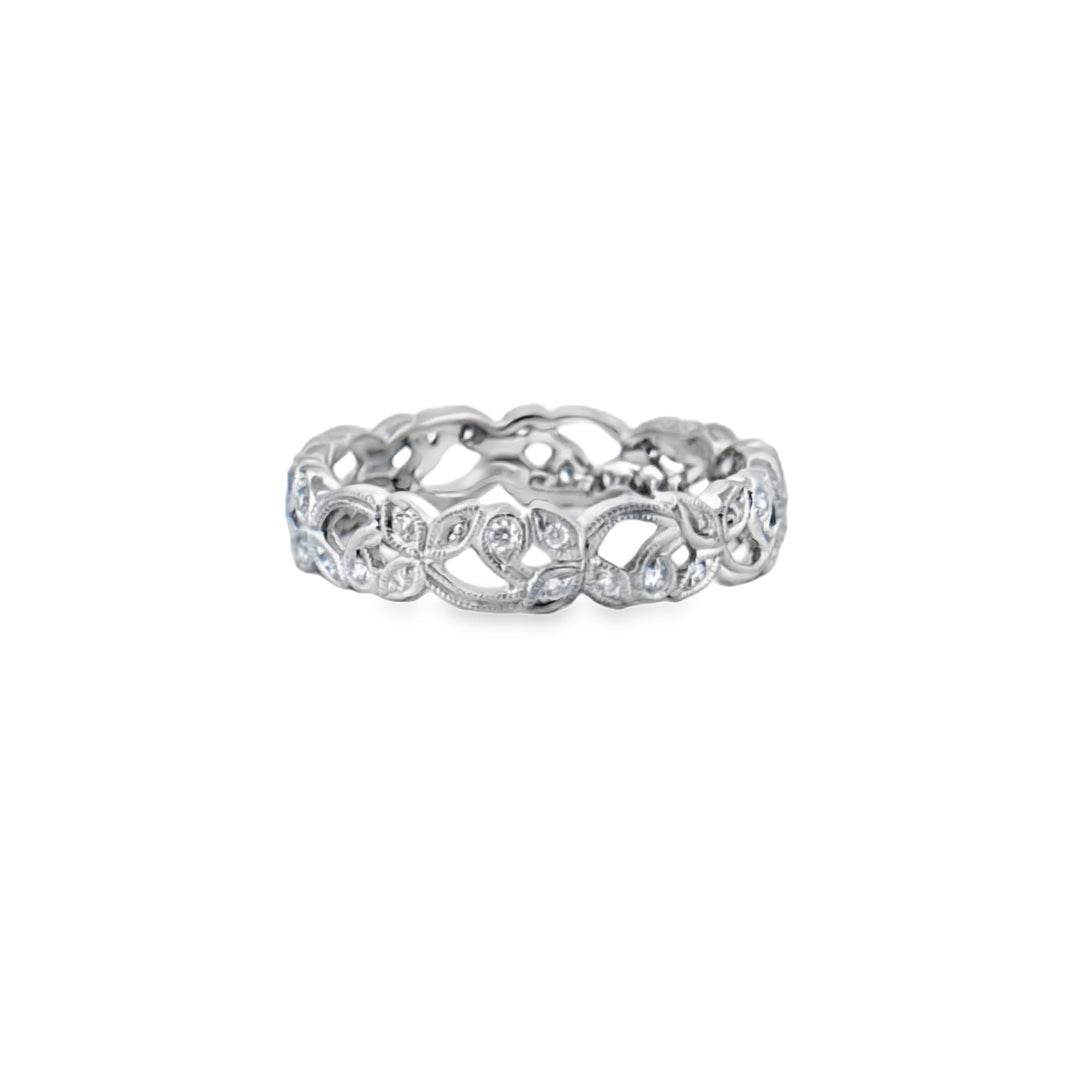0.20 CTW Diamond Floral Band Ring – 18K White Gold, 4mm Wide