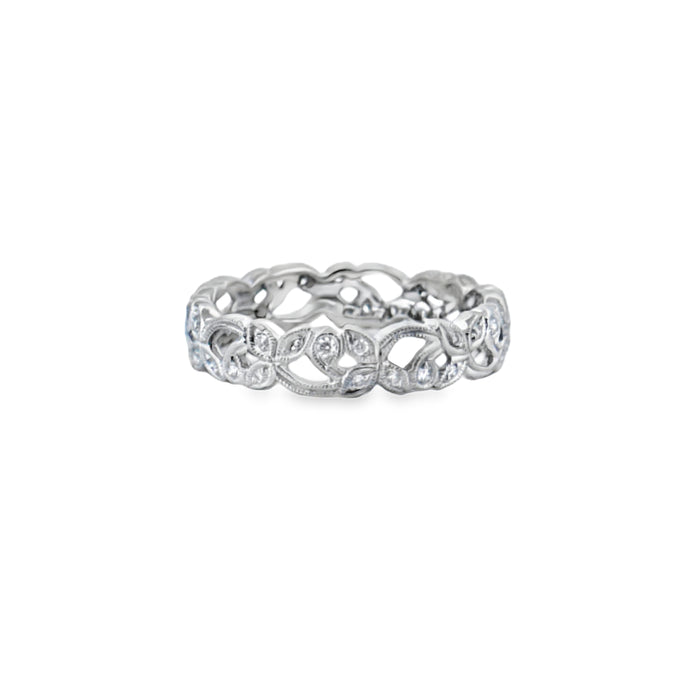 0.20 CTW Diamond Floral Band Ring – 18K White Gold, 4mm Wide