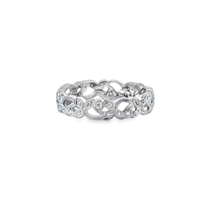 0.20 CTW Diamond Floral Band Ring – 18K White Gold, 4mm Wide