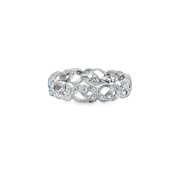 0.20 CTW Diamond Floral Band Ring – 18K White Gold, 4mm Wide