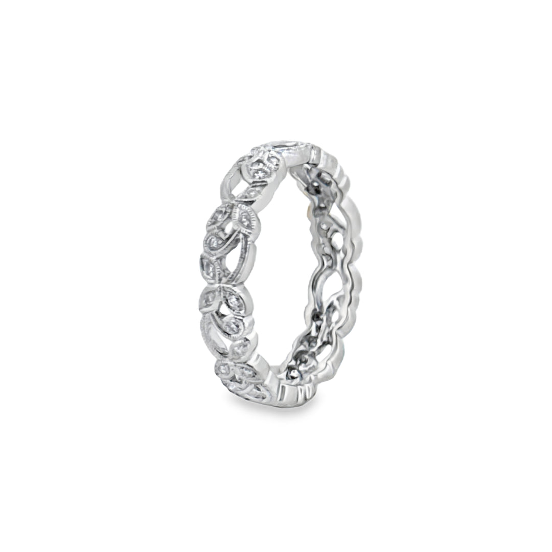 0.20 CTW Diamond Floral Band Ring – 18K White Gold, 4mm Wide