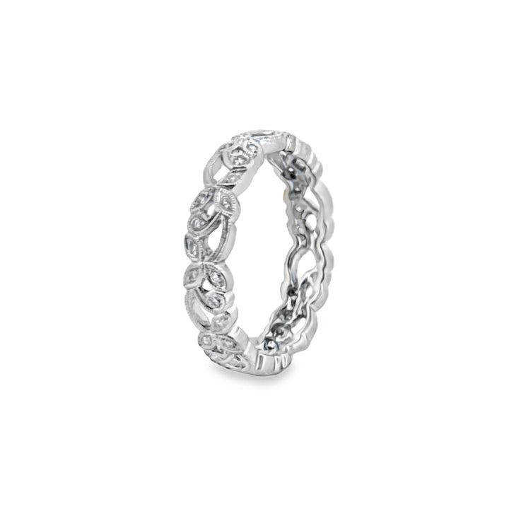 0.20 CTW Diamond Floral Band Ring – 18K White Gold, 4mm Wide