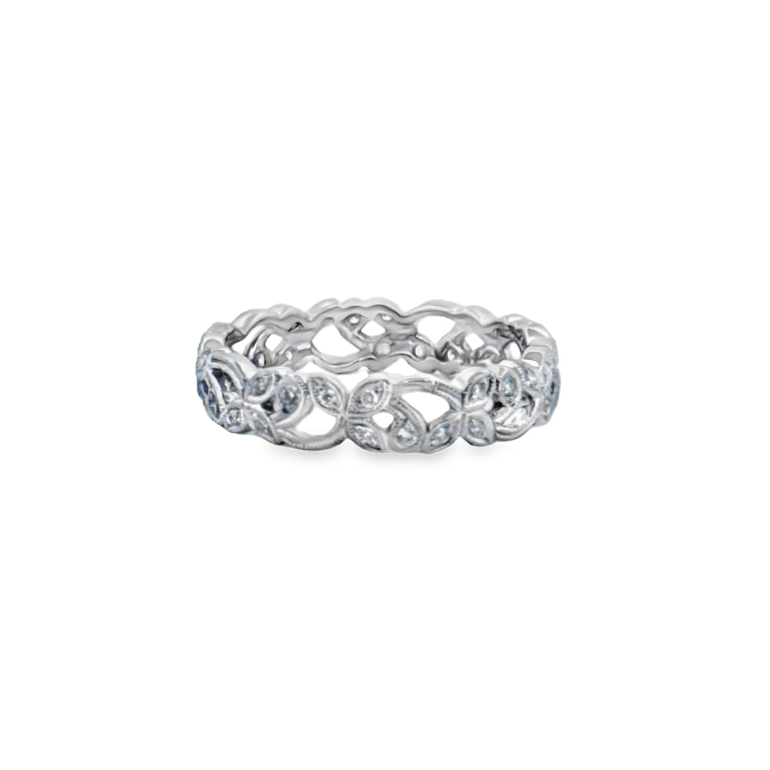 0.20 CTW Diamond Floral Band Ring – 18K White Gold, 4mm Wide