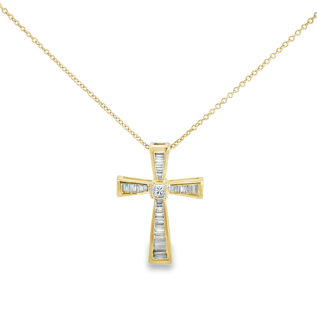 Baguette & Princess Cut Diamond Cross 14K Yellow Gold Pendant Necklace