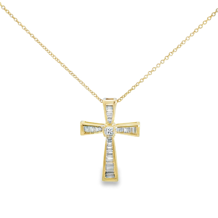 Baguette &amp; Princess Cut Diamond Cross 14K Yellow Gold Pendant Necklace