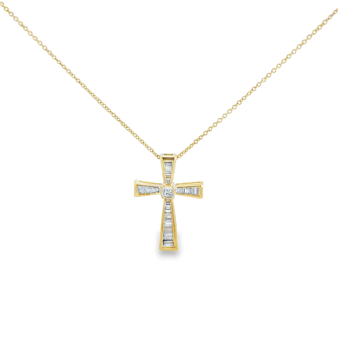 Baguette &amp; Princess Cut Diamond Cross 14K Yellow Gold Pendant Necklace