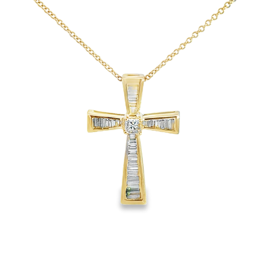 Baguette &amp; Princess Cut Diamond Cross 14K Yellow Gold Pendant Necklace