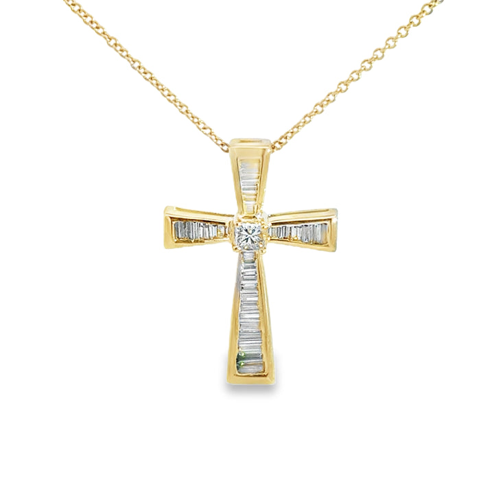 Baguette &amp; Princess Cut Diamond Cross 14K Yellow Gold Pendant Necklace
