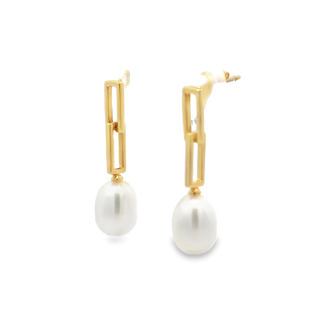 Freshwater Pearl Drop Earrings with Paperclip Links in 14K Yellow Gold – 1" Long