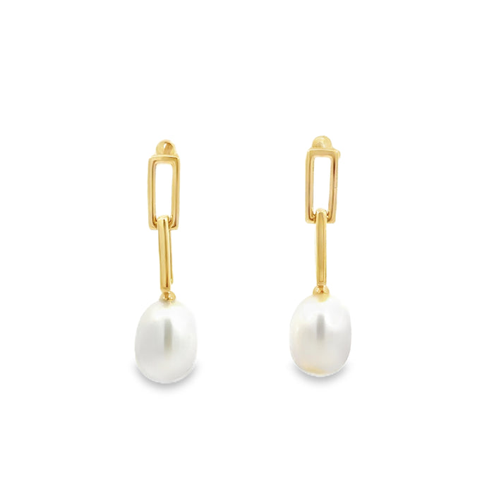 Freshwater Pearl Drop Earrings with Paperclip Links in 14K Yellow Gold – 1" Long