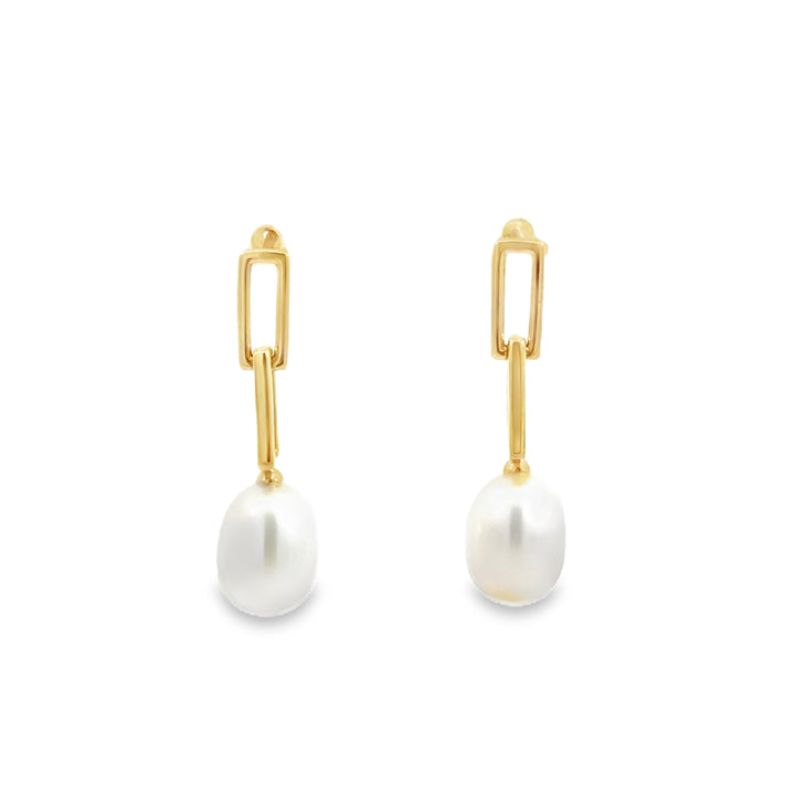Freshwater Pearl Drop Earrings with Paperclip Links in 14K Yellow Gold – 1" Long
