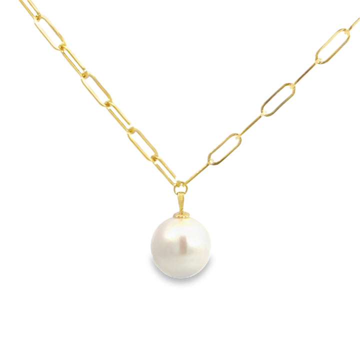 15mm Freshwater Pearl Pendant Necklace in 14K Yellow Gold on Paperclip Chain