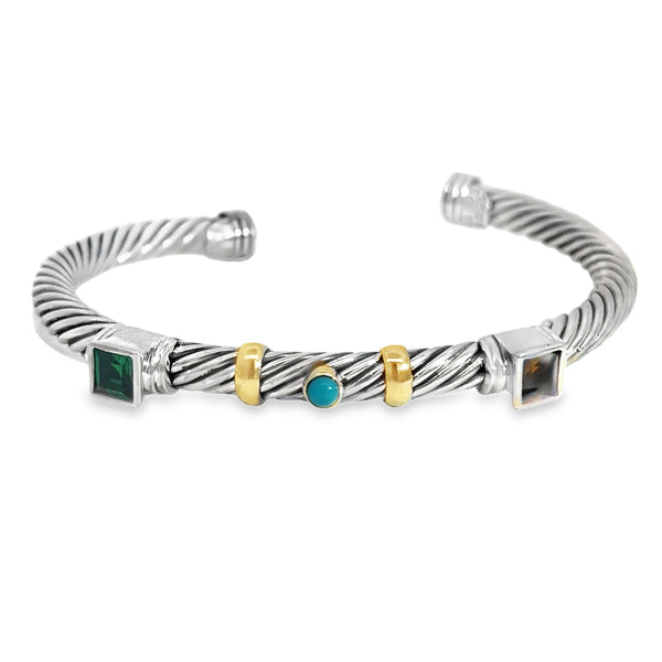 Pre-Owned David Yurman Sterling Silver Twisted Cable Gemstone Bangle Bracelet with 14K Yellow