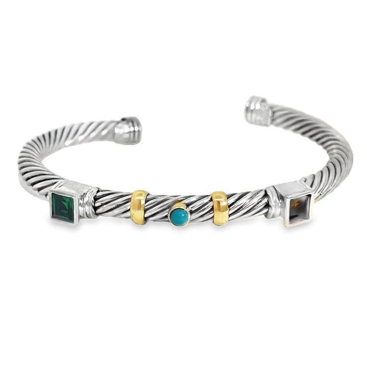 Pre-Owned David Yurman Sterling Silver Twisted Cable Gemstone Bangle Bracelet with 14K Yellow