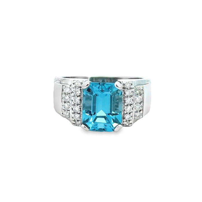 4.35 CT Blue Topaz & 0.20 CTW Diamond Ring – 14K White Gold
