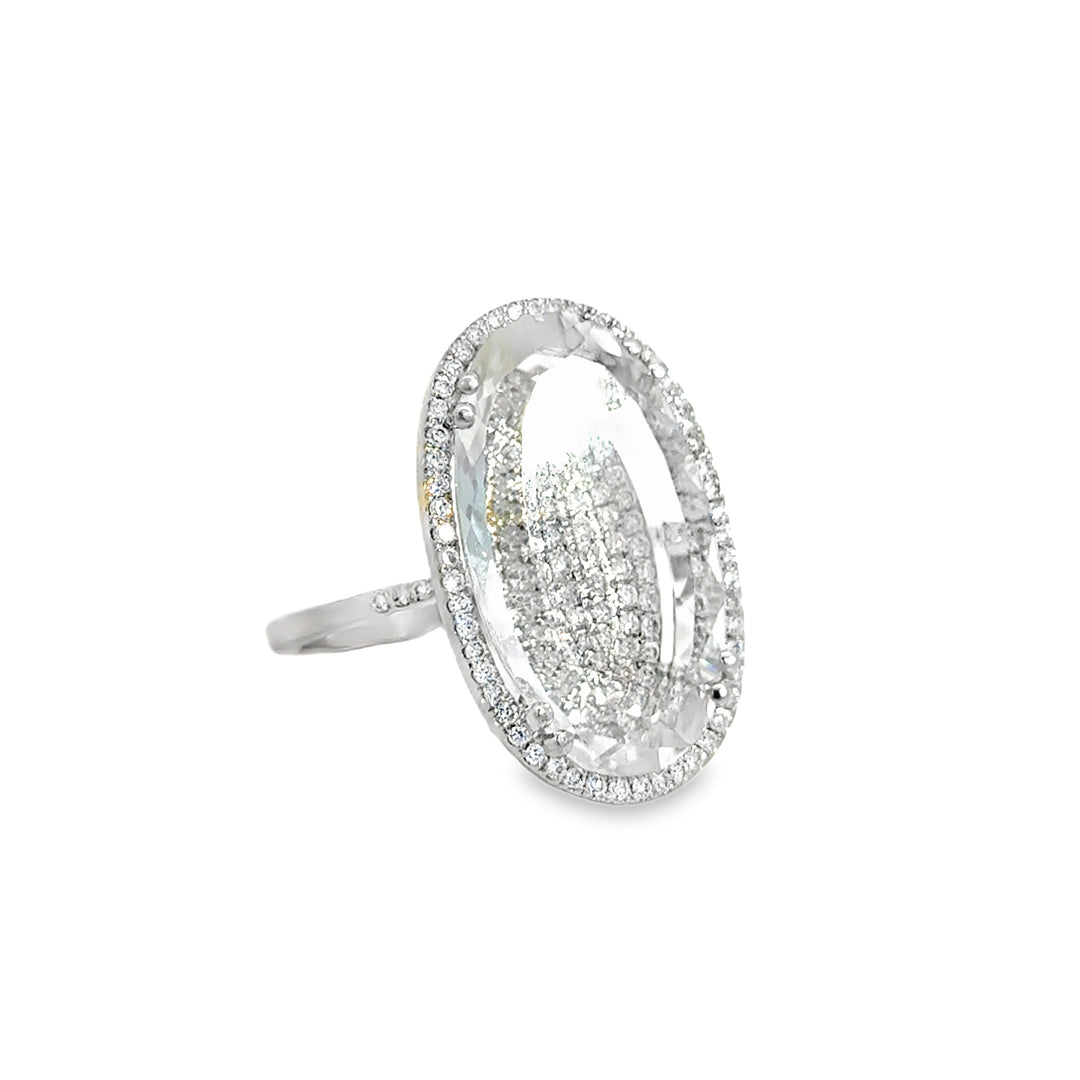 Suzanne Kalan Faceted White Quartz Ring Over 0.65 CTW Pavé Diamonds in 18K White Gold