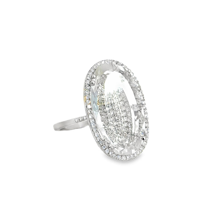 Suzanne Kalan Faceted White Quartz Ring Over 0.65 CTW Pavé Diamonds in 18K White Gold