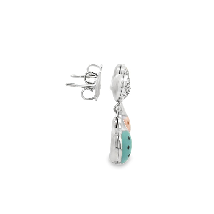 Aaron Basha 0.30 CTW Diamond Ladybug Earrings in 18K White Gold with Pink & Turquoise Enamel