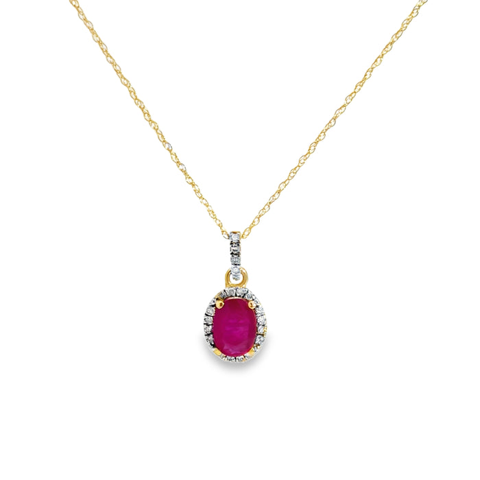 0.10 CTW Diamond & 5x7mm Ruby Halo Pendant Necklace 14K Yellow Gold