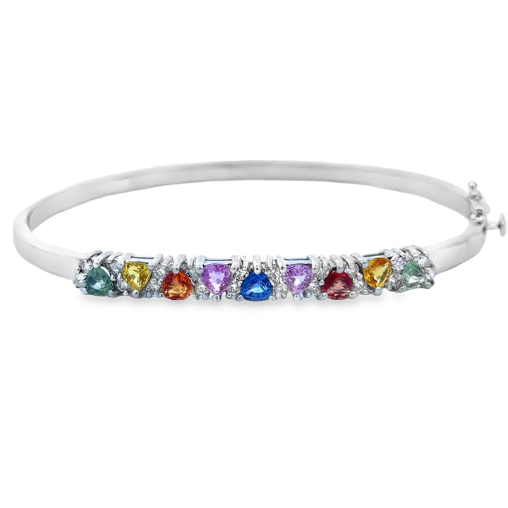 Multi-Colored Sapphire &amp; Approx 0.60 CTW Diamond 14K White Gold Hinged Bangle Bracelet