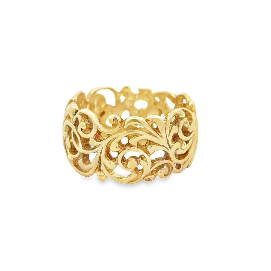 14K Yellow Gold Wide Filigree Band – 10.75mm