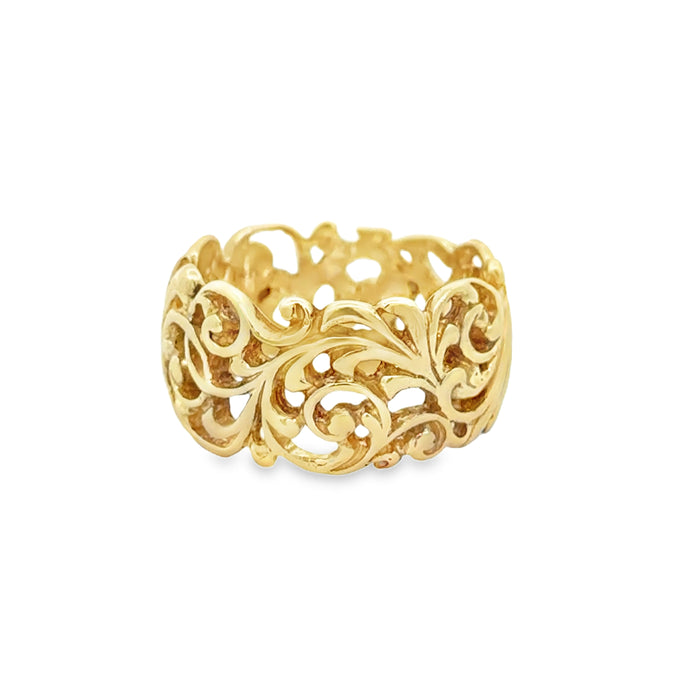 14K Yellow Gold Wide Filigree Band – 10.75mm
