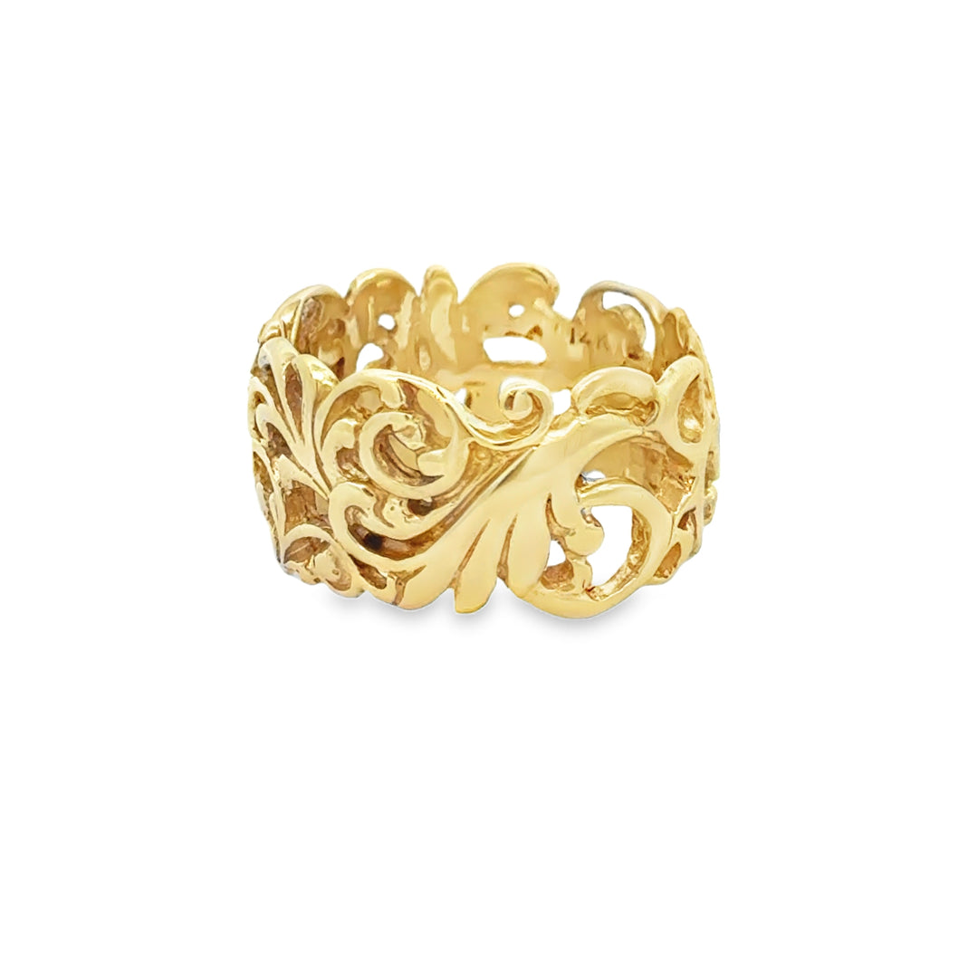 14K Yellow Gold Wide Filigree Band – 10.75mm