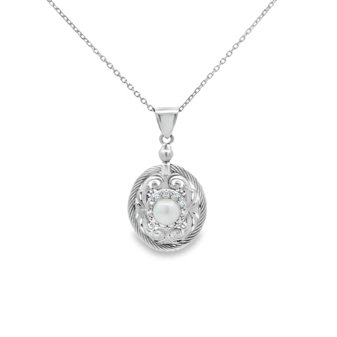 14K White Gold Pearl and Diamond Pendant Necklace