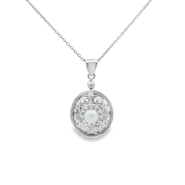 14K White Gold Pearl and Diamond Pendant Necklace