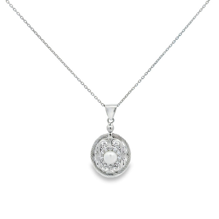 14K White Gold Pearl and Diamond Pendant Necklace
