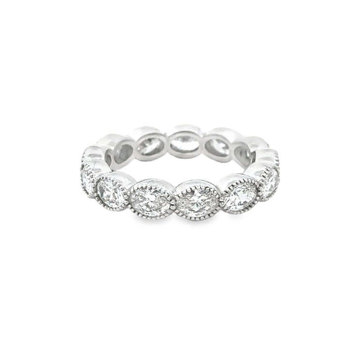 2.46 CTW Oval Diamond Eternity Band Ring in 18K White Gold with Milgrain Detail