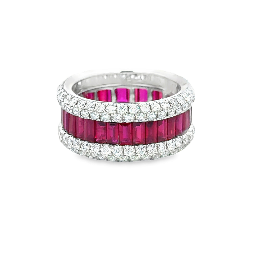 4.33 CTW Baguette Ruby and 2.48 CTW Round Diamond Wide Band Ring in 14K White Gold