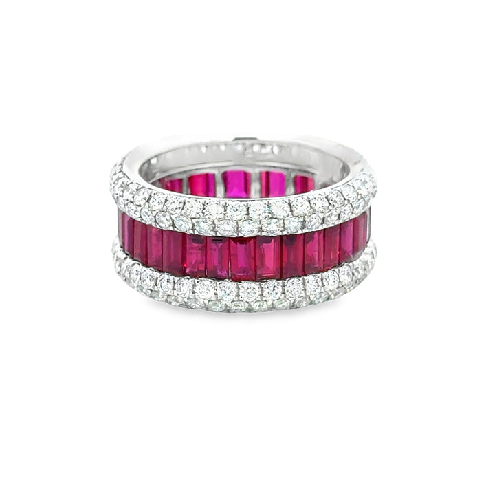 4.33 CTW Baguette Ruby and 2.48 CTW Round Diamond Wide Band Ring in 14K White Gold