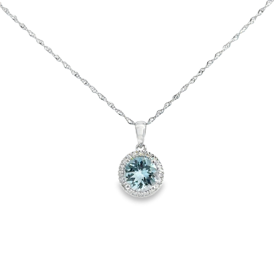 1.30 CT Aquamarine &amp; 0.08 CTW Diamond Halo 14K White Gold Pendant Necklace
